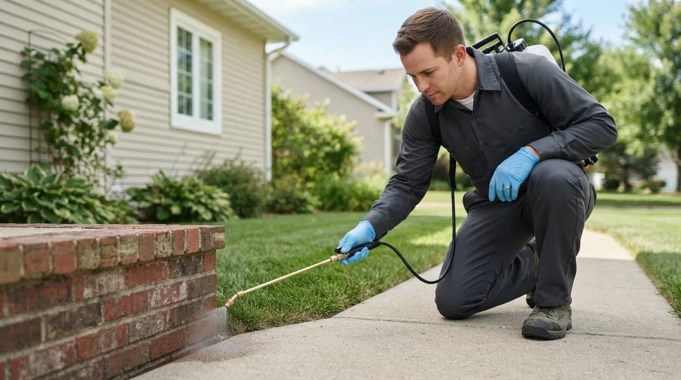 Pest control technician treating a home near Lynn, IN